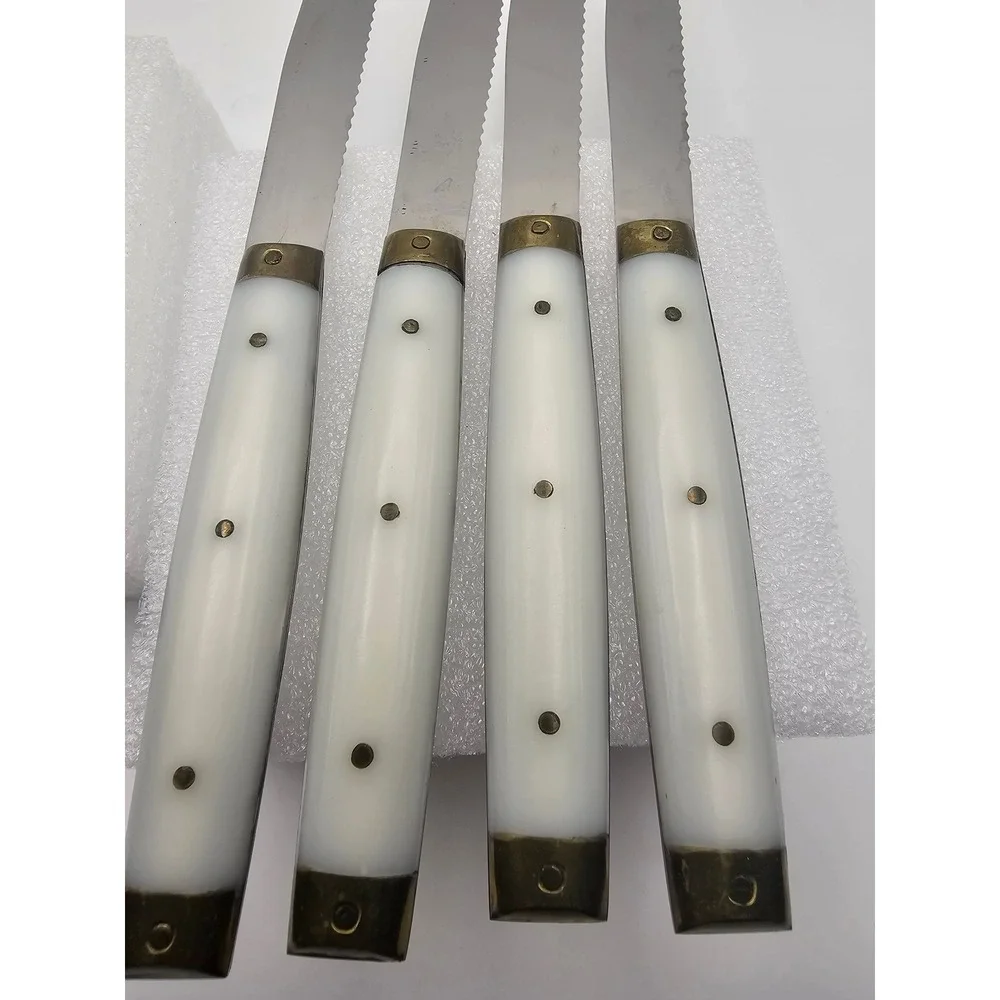 Vintage French Steak Knives Set of 4 Stainless Steel Cream Faux Bone Handles